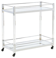 Reflect your love for contemporary style with this bar cart. With two shelves made with mirrored glass, it adds both light and a touch of glam to your space. A clear acrylic and chrome-tone frame is a modern take on understated elegance. And thanks to rol