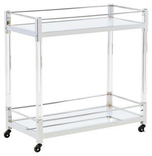 Reflect your love for contemporary style with this bar cart. With two shelves made with mirrored glass, it adds both light and a touch of glam to your space. A clear acrylic and chrome-tone frame is a modern take on understated elegance. And thanks to rol