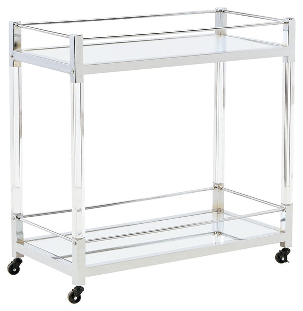 Reflect your love for contemporary style with this bar cart. With two shelves made with mirrored glass, it adds both light and a touch of glam to your space. A clear acrylic and chrome-tone frame is a modern take on understated elegance. And thanks to rol