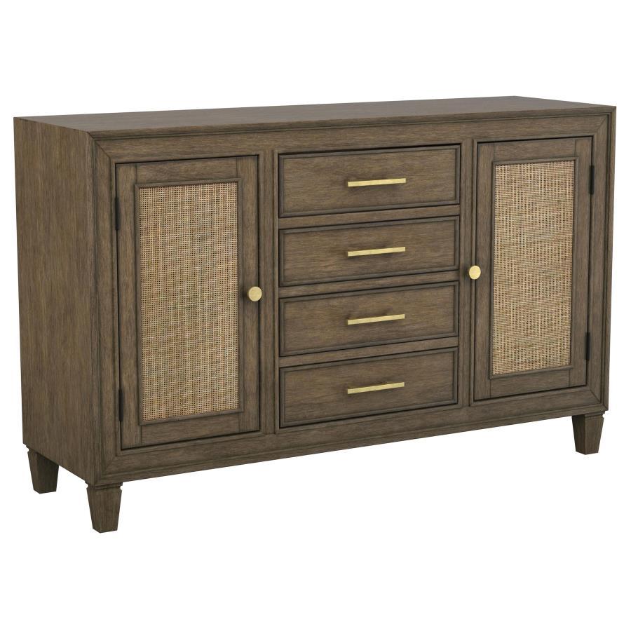 An impressive amount of storage pairs with impeccable style in a modern farmhouse sideboard. Simply charming in your dining room, it boasts a center core of four drawers, with two side cabinets that add a spot for larger items and serve ware. The sideboar