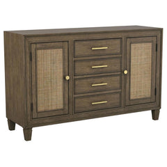 An impressive amount of storage pairs with impeccable style in a modern farmhouse sideboard. Simply charming in your dining room, it boasts a center core of four drawers, with two side cabinets that add a spot for larger items and serve ware. The sideboar