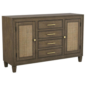 An impressive amount of storage pairs with impeccable style in a modern farmhouse sideboard. Simply charming in your dining room, it boasts a center core of four drawers, with two side cabinets that add a spot for larger items and serve ware. The sideboar