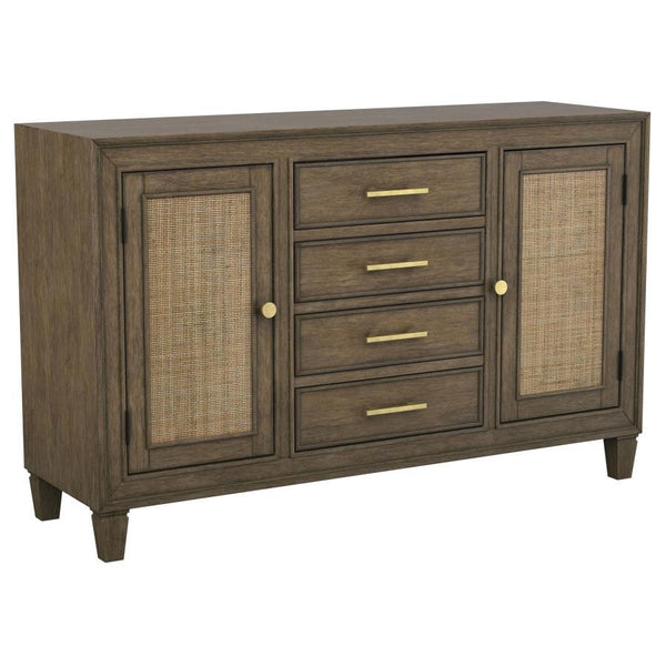An impressive amount of storage pairs with impeccable style in a modern farmhouse sideboard. Simply charming in your dining room, it boasts a center core of four drawers, with two side cabinets that add a spot for larger items and serve ware. The sideboar