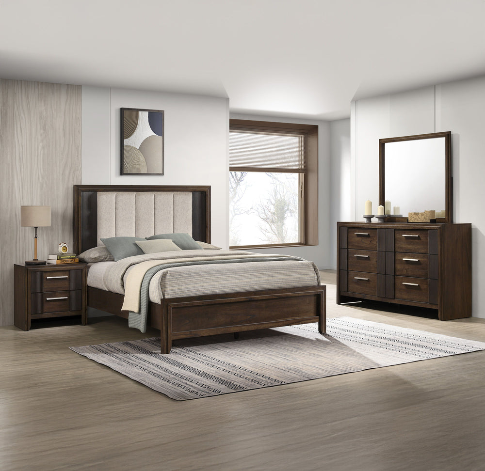 Create a warm and inviting retreat with this beautifully crafted bedroom ensemble, where timeless design meets modern functionality. Featuring a rich wood finish and sleek, linear details, this collection strikes the perfect balance between rustic charm a
