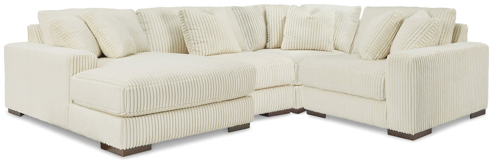 Plush and posh. Showcase your eye for on-trend texture with the statement-making cord upholstery of this sectional with chaise. Its stunningly soft fabric entices in a warm neutral hue, complementing contemporary color palettes. Sink into the cushions and