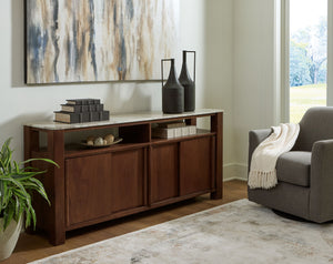  white and gray marble top and contrasting dark brown finish bring the wow factor. Sliding doors open to reveal shelves that are perfect for hiding everyday clutter. Whether you u