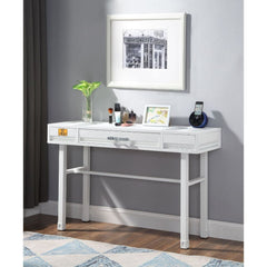 KD, Rectangular Vanity Desk Storage: 1 Drawer Feature: Metal Frame, Recessed Panels (Cargo Container Panels) CONSTRUCTION Metal Top: Iron Plate (40 x 40mm), Drawer w/Wood Metal Straight Legs Drawer: GLIDE Side Metal (Ball Bearing, 3/4 Ext.), DOVETAIL NOT 