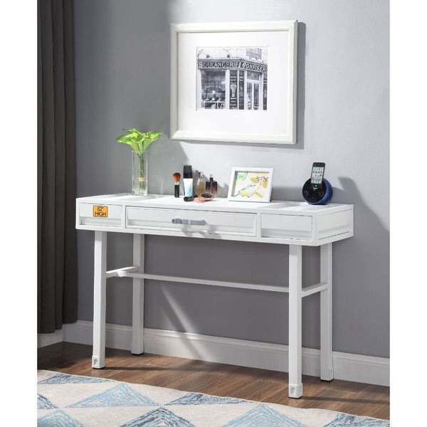 KD, Rectangular Vanity Desk Storage: 1 Drawer Feature: Metal Frame, Recessed Panels (Cargo Container Panels) CONSTRUCTION Metal Top: Iron Plate (40 x 40mm), Drawer w/Wood Metal Straight Legs Drawer: GLIDE Side Metal (Ball Bearing, 3/4 Ext.), DOVETAIL NOT 