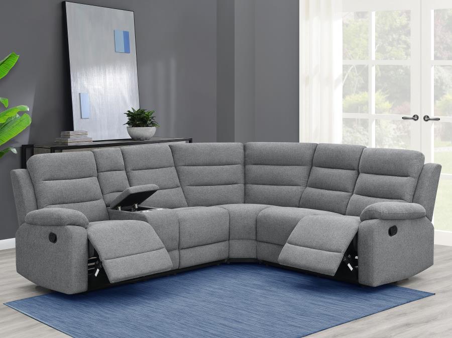 Wrapped in cool smoke color performance linen-like fabric, this modern three-piece motion sofa sectional creates a comfy venue for hosting large groups or intimate gatherings. Relax on a sofa offering manual reclining features and a wall-hugger design tha