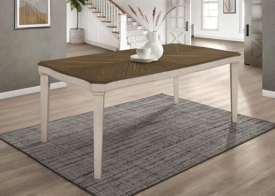 Transform your dining area into a cozy retreat with our modern farmhouse and coastal cottage dining table. The mindi veneer table top showcases a stunning starburst design, while the solid Asian hardwood legs provide sturdy support. The rustic cream finis