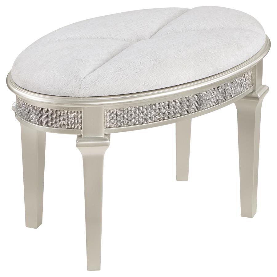 Sleek and sophisticated, this glam stool is the ideal finishing touch for the matching Evangeline vanity desk. Elegantly appointed, it boasts a chic oval shape complete with graceful tapered legs that provide durable support as you primp and prime for the