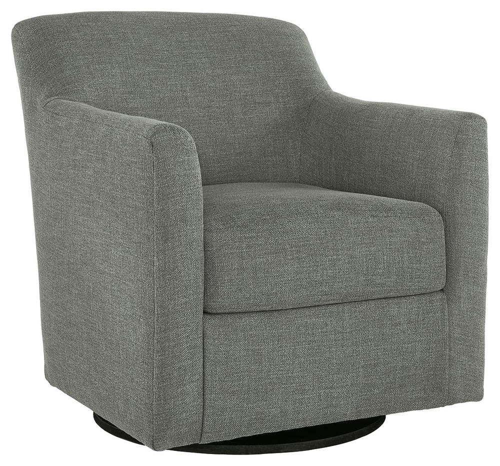 Down with uptown style. This swivel accent chair goes to town with a high-design aesthetic that-'s temptingly affordable. An ideal way to enhance your lounge space, this chair with a 360-degree swivel base brings casually chic style full circle.<br><br><b