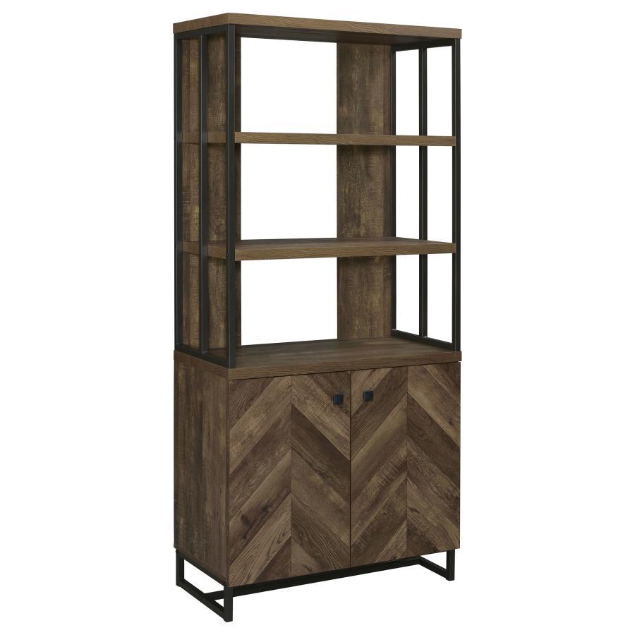 Compact and vertical, this bookcase is perfect for storing your home library collection. Designed with a rustic oak finish and a diagonal-like herringbone pattern that catches the eye. Accented by a slim and sturdy heavy gauge steel frame in a gunmetal po