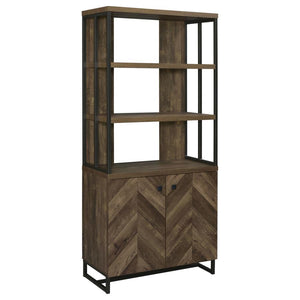 Compact and vertical, this bookcase is perfect for storing your home library collection. Designed with a rustic oak finish and a diagonal-like herringbone pattern that catches the eye. Accented by a slim and sturdy heavy gauge steel frame in a gunmetal po