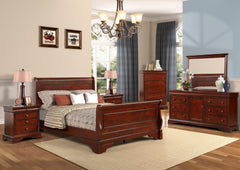 The Versailles 6-Piece Bedroom Set in Bordeaux Cherry is the ultimate combination of timeless style and functional design, perfect for transforming your bedroom into a refined retreat. This set includes a beautifully crafted wood sleigh bed, dresser, mirr