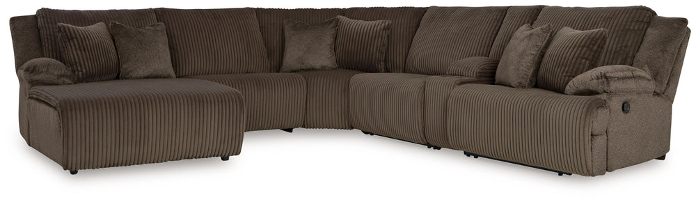 Experience unparalleled comfort with this reclining sectional with chaise. Itâ€™s a stylish and invitingly soft lookâ€”made all the more appealing by cozy corduroy cushions that feel great and add a touch of texture. The rich chocolate brown upholstery ef