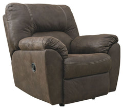 With plush cushions and angled pillow top arms, this rocker recliner takes comfort to a whole new level. Faux vintage leather requires minimal care, making this piece ideal in homes with children and pets. The seat reclines with the pull of a tab, putting