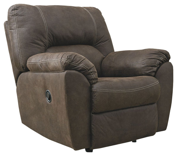 With plush cushions and angled pillow top arms, this rocker recliner takes comfort to a whole new level. Faux vintage leather requires minimal care, making this piece ideal in homes with children and pets. The seat reclines with the pull of a tab, putting