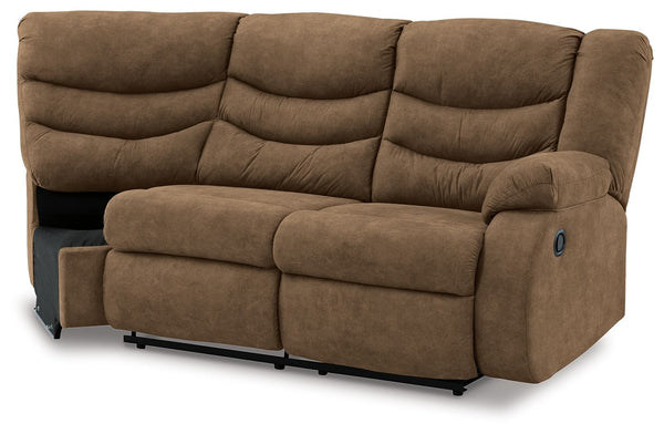 This right-arm facing reclining loveseat with half wedge is made with faux leather upholstery. Pairs with other items in the series to make a sectional.<br><br><b>Additional Dimensions</b><br><ul><li>Arm height: 26-"</li><li>Seat depth: 22-"</li><li>Seat 