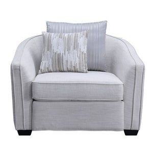  contemporary look with the gently curved Mahler II living room set. The inner wooden frame and block plastic legs offer maximum support. Upholstered in a beige textured-linen fabric. The barrel seat back makes for plush