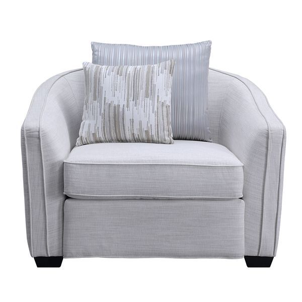  contemporary look with the gently curved Mahler II living room set. The inner wooden frame and block plastic legs offer maximum support. Upholstered in a beige textured-linen fabric. The barrel seat back makes for plush