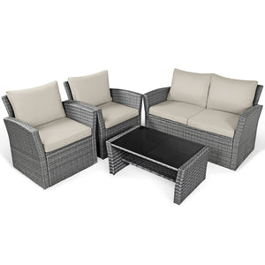 Includes 2 armchairs  1 loveseat and 1 coffee table for versatile use<br>Sturdy power coated steel frame provides strong durability and stability<br>Thick tempered glass tabletop to hold your drinks  meals and more<br>Coffee table with a spacious shelf pr