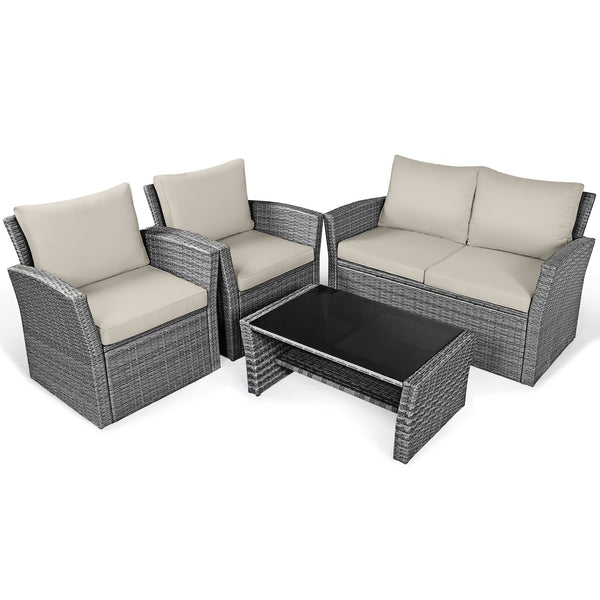Includes 2 armchairs  1 loveseat and 1 coffee table for versatile use<br>Sturdy power coated steel frame provides strong durability and stability<br>Thick tempered glass tabletop to hold your drinks  meals and more<br>Coffee table with a spacious shelf pr