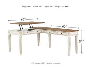  this L-shaped desk is your heavenly home office realized. Two-tone finish combines chipped white with distressed wood tone tops for added charm. Framed drawer fronts