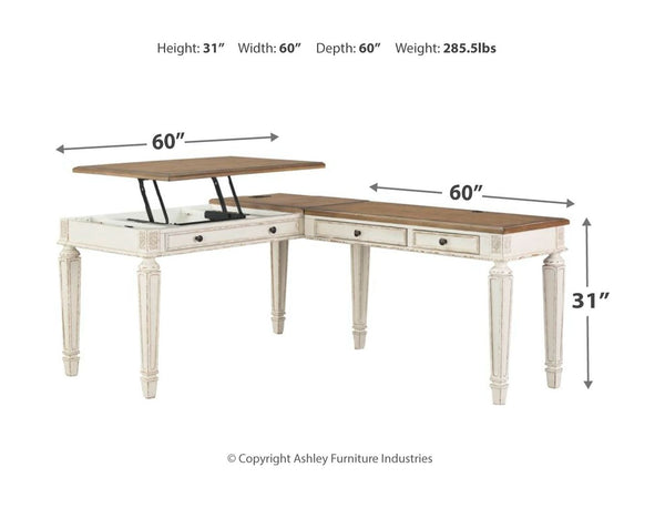  this L-shaped desk is your heavenly home office realized. Two-tone finish combines chipped white with distressed wood tone tops for added charm. Framed drawer fronts