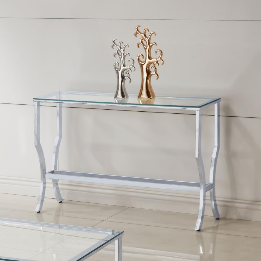 Add modern sophistication to your home with this sleek rectangular console table. Featuring a clear tempered glass top and a matching lower shelf, it offers ample space for storage or display. The elegant curved legs and open design enhance its airy, cont