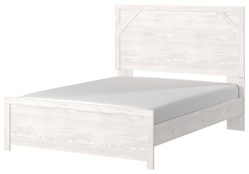 Cool, clean and casually modern. This queen panel bedâ€™s wispy whitewash finish sets the tone for your calming sanctuary. Framed elements and cross-brace accents add dimension and authenticity to the bedâ€™s simply stunning profile. <h4><b>Gerridan - Whi