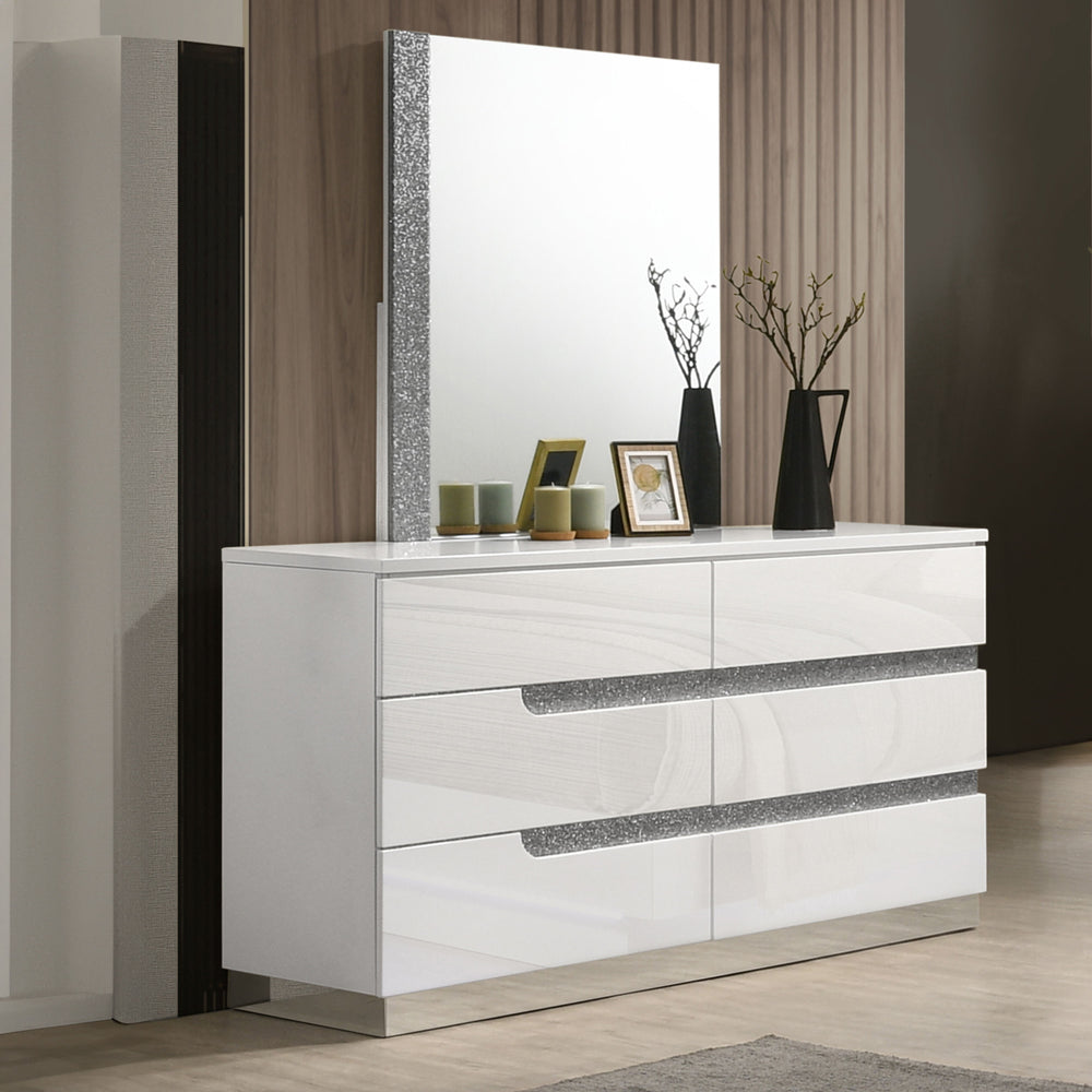 The Paradox 2 Piece Dresser and Mirror set in White exudes modern sophistication and quality. Featuring a dresser and a mirror, this set is designed to enhance any bedroom with its contemporary appeal. The gleaming white gloss laminate finish offers a sle