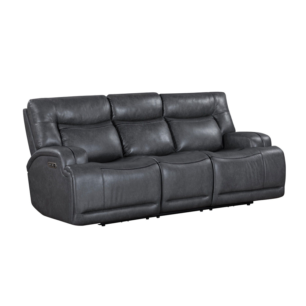 The Titan Power Reclining Sofa with Adjustable Headrests in gray offers a perfect blend of durability, comfort, and contemporary style. Crafted with hardwood plywood and engineered wood frames, this sturdy construction supports up to 350 lbs per seat, ens