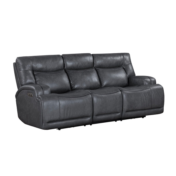 The Titan Power Reclining Sofa with Adjustable Headrests in gray offers a perfect blend of durability, comfort, and contemporary style. Crafted with hardwood plywood and engineered wood frames, this sturdy construction supports up to 350 lbs per seat, ens