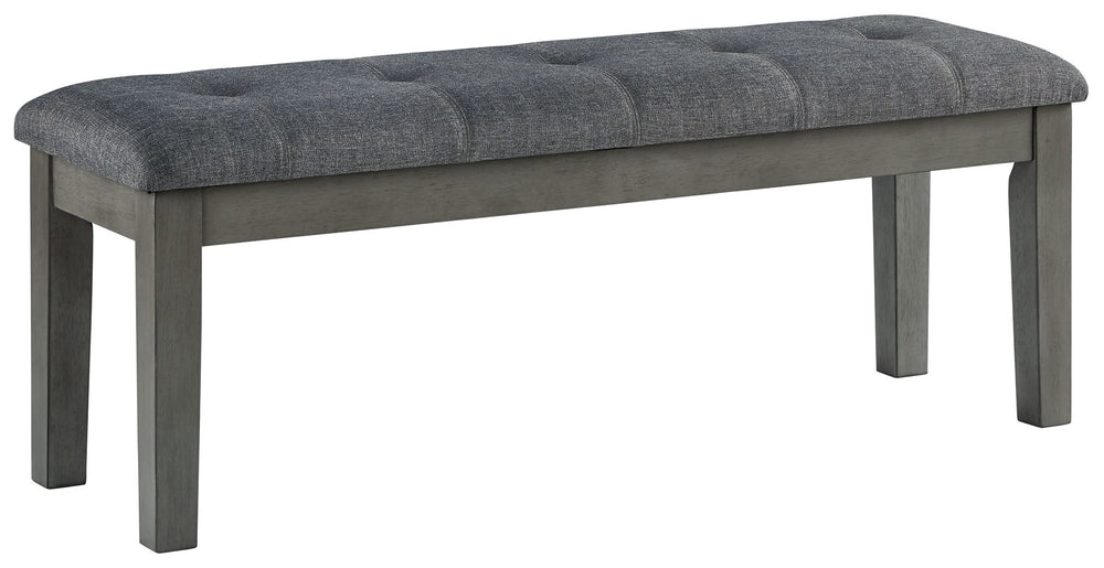 Cool and on-trend. This dining bench sports a two-tone gray look for a contemporary-yet-casual feel. The cushioned foam seat in a gray textural fabric pairs seamlessly with the antiqued gray finish, providing you with a super-stylish and versatile seating