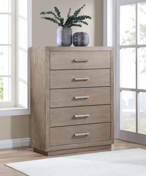  the chest features a streamlined silhouette with mitered trim that creates a sense of depth. 