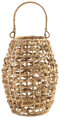 With its woven natural rattan and open-and-airy design, this lantern appeals to those turned on by a natural, bohemian sense of style. Holds one flameless pillar candle (not included).<br/><br/><b>Product Features</b><ul><li>WARNING: Do not use with open 