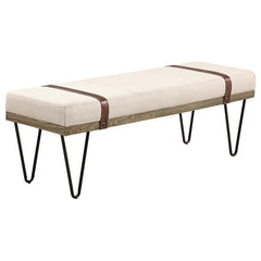 Dress up a living room with the interesting details from this modern rustic bench. Featuring open hairpin legs in a black finish, this bench marries a variety of design elements to make a statement. Classic colors, such as beige, add texture to the straig