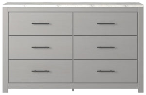  clean and casually modern. This dresserâ€™s wispy dove gray finish and faux Calcutta marble top set the tone for your calming sanctuary. Large linear pulls add dimension and authenticity. Six smooth-gliding drawers neatly accommodate your wardrobe n