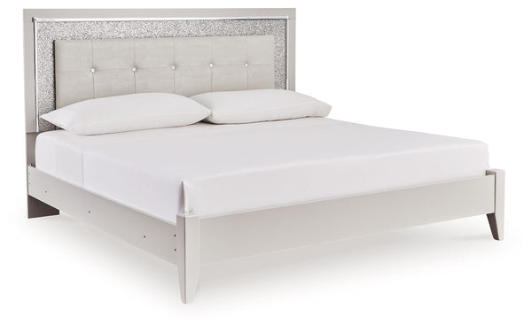 Bright, bold luxury. This king upholstered bed dazzles with its attention to detail. Your love of glamorous style is reflected in the tufted upholstery with faux alligator effect, exquisitely paired with faceted chrome-tone and glittery details. Complete 