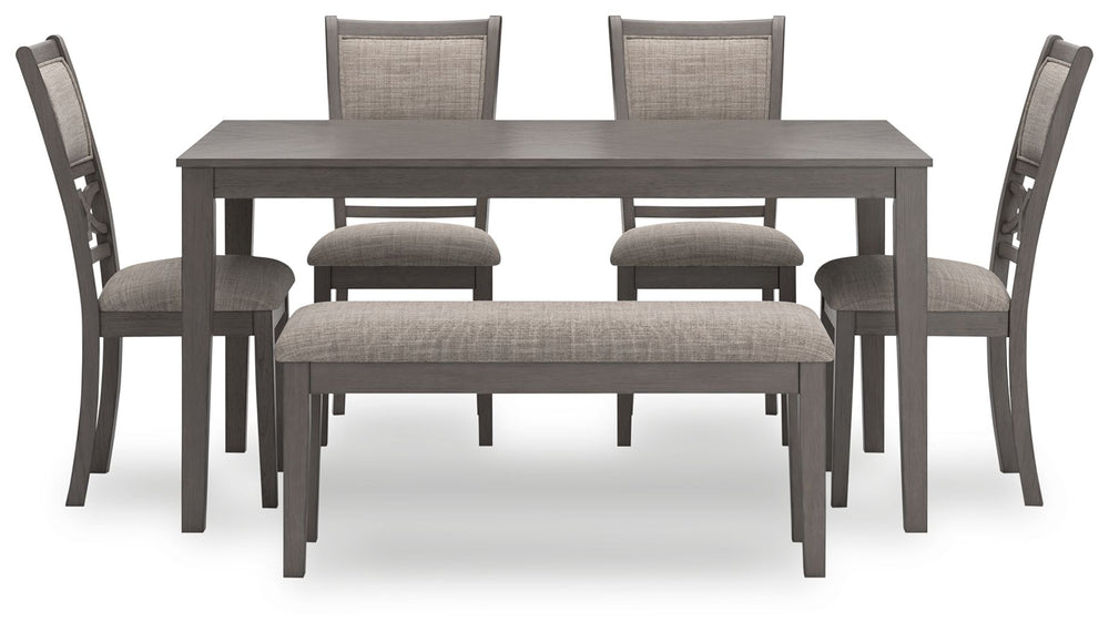 Canâ€™t decide between classic and contemporary? Embrace the beauty of transitional style with this casually sophisticated Langwest dining table, chairs and bench ensemble. A clean-lined profile and modern light gray finish merge with textured upholstery 