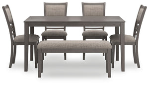  chairs and bench ensemble. A clean-lined profile and modern light gray finish merge with textured upholstery 
