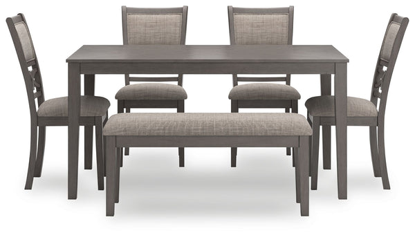  chairs and bench ensemble. A clean-lined profile and modern light gray finish merge with textured upholstery 