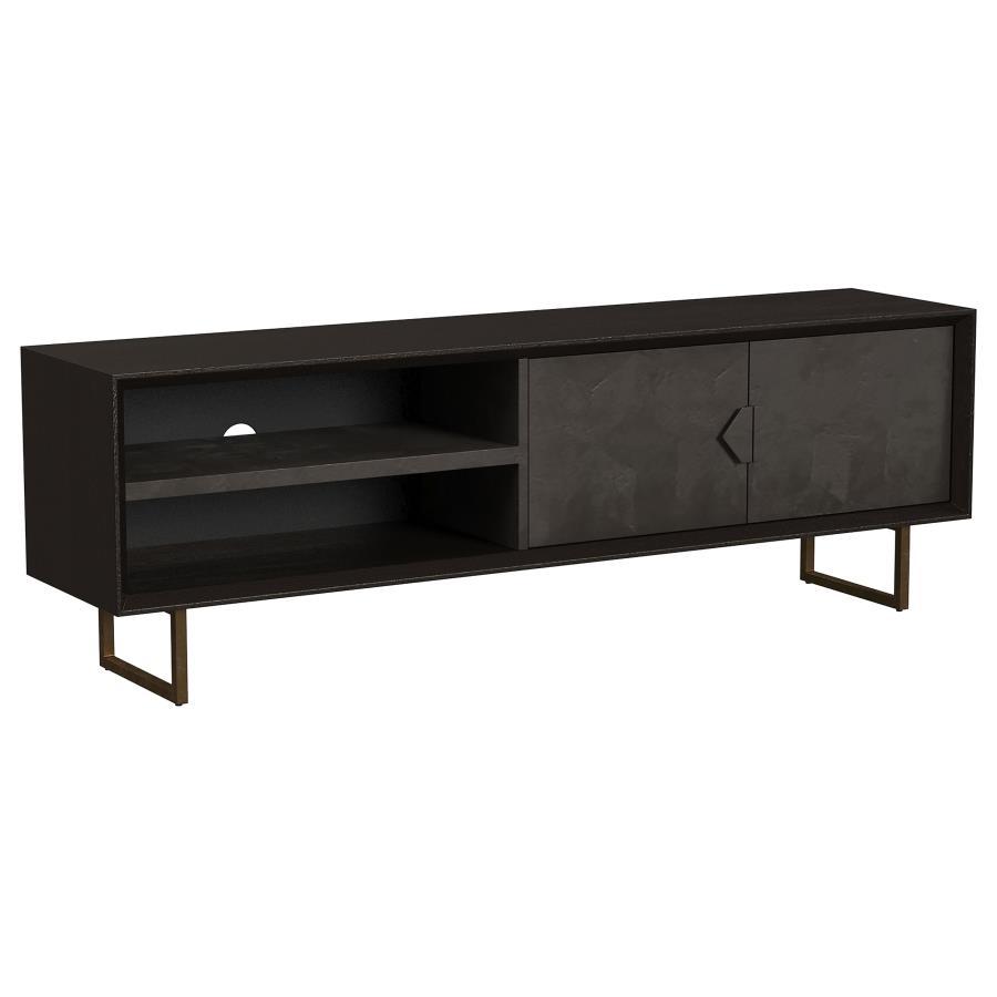 A dramatic charcoal black finish coats wood products construction, adding a bold look to this casual yet elegant TV stand. Gather entertainment-related gear and organize it in this tasteful stand built of mango wood with a rustic aesthetic. Set atop black