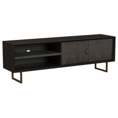 A dramatic charcoal black finish coats wood products construction, adding a bold look to this casual yet elegant TV stand. Gather entertainment-related gear and organize it in this tasteful stand built of mango wood with a rustic aesthetic. Set atop black