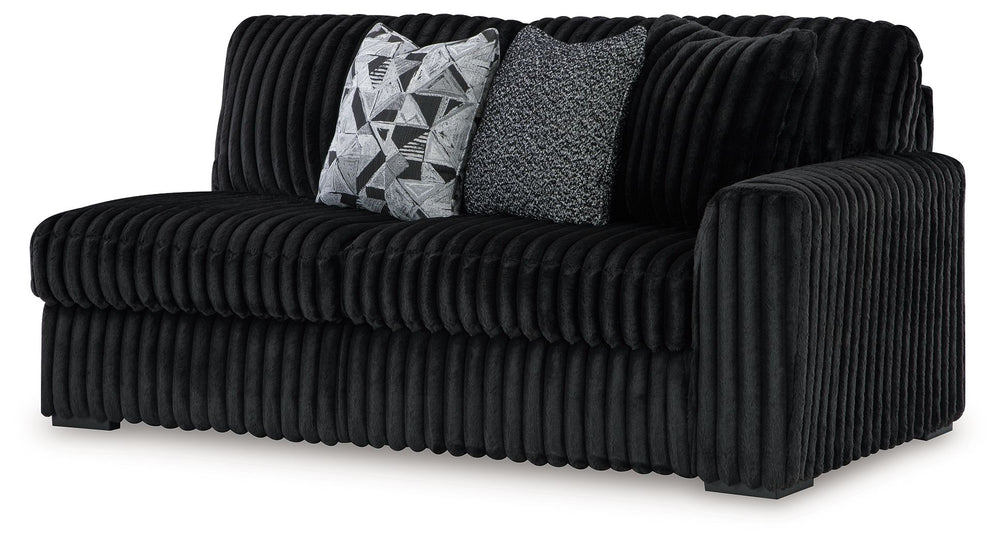 This right-arm facing sofa is made with polyester upholstery. Pairs with other items in the series to make a sectional.<br><br><b>Additional Dimensions</b><br><ul><li>Arm height: 27-"</li><li>Seat depth: 25-"</li><li>Seat height: 22-"</li><li>Top of cushi