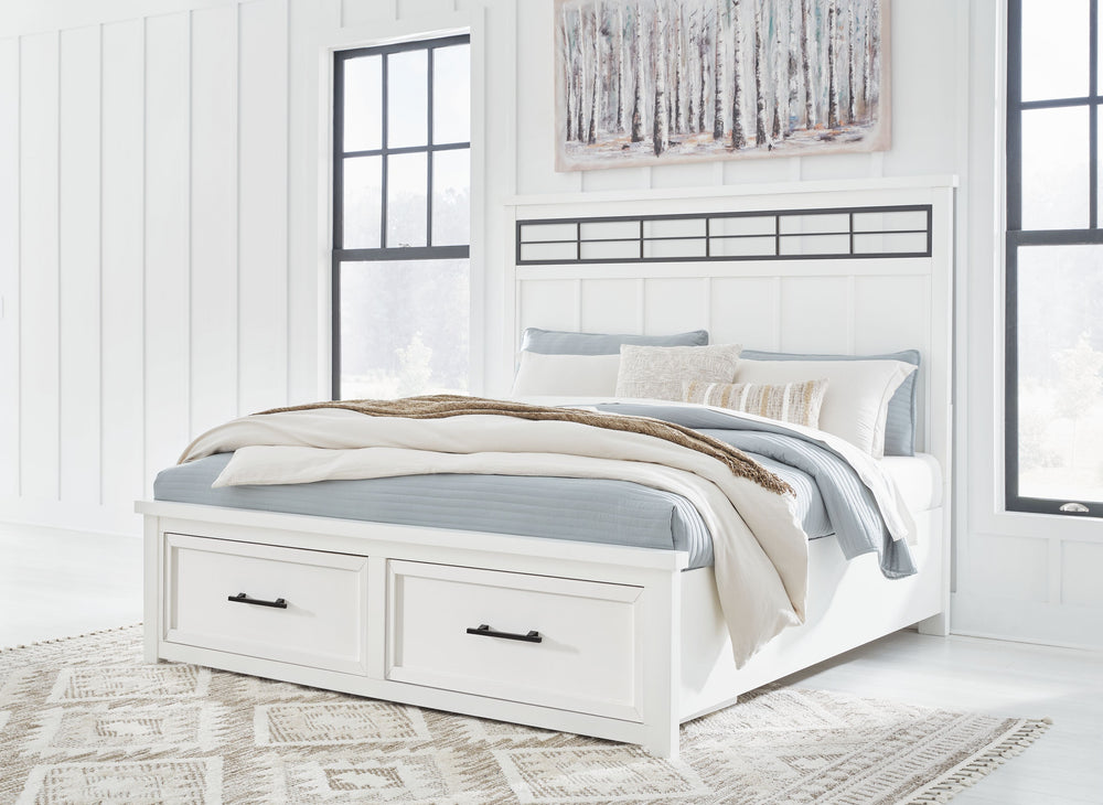 This California king panel storage bed delivers casual style with substance. An inset metal detail on the headboard displays a unique take on modern farmhouse design. The bed-'s sturdy silhouette, classic white finish and black pulls exude a comfortably c