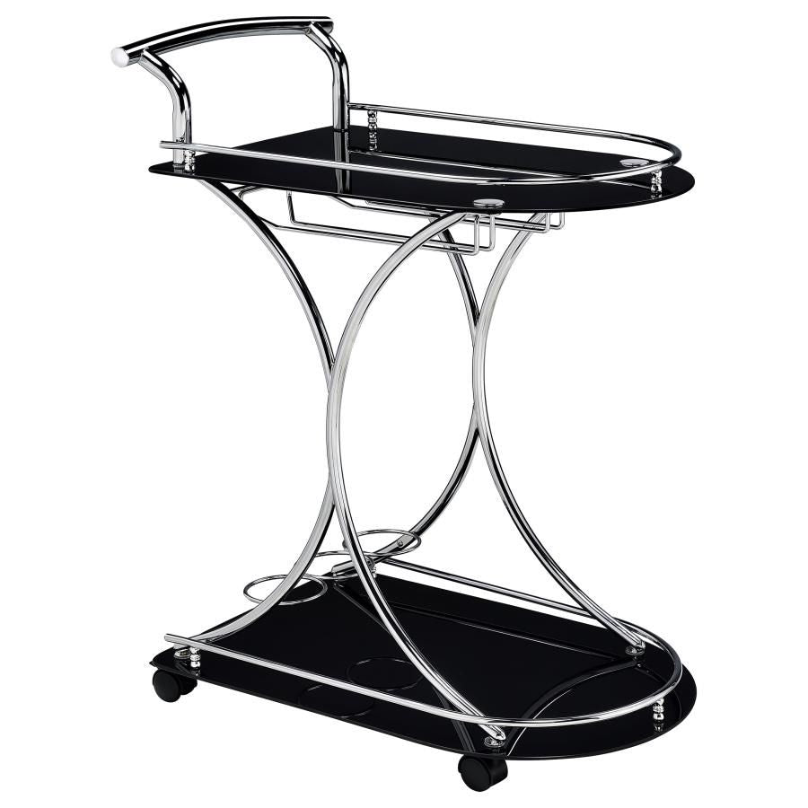 Recapture mid-century elegance with an enticing function. Slender construction elements form a graceful look in this mobile serving cart and add a lovely accent piece that-'s also useful for entertaining. Sleek black glass serves as a top and bottom shelf