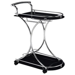 Recapture mid-century elegance with an enticing function. Slender construction elements form a graceful look in this mobile serving cart and add a lovely accent piece that-'s also useful for entertaining. Sleek black glass serves as a top and bottom shelf