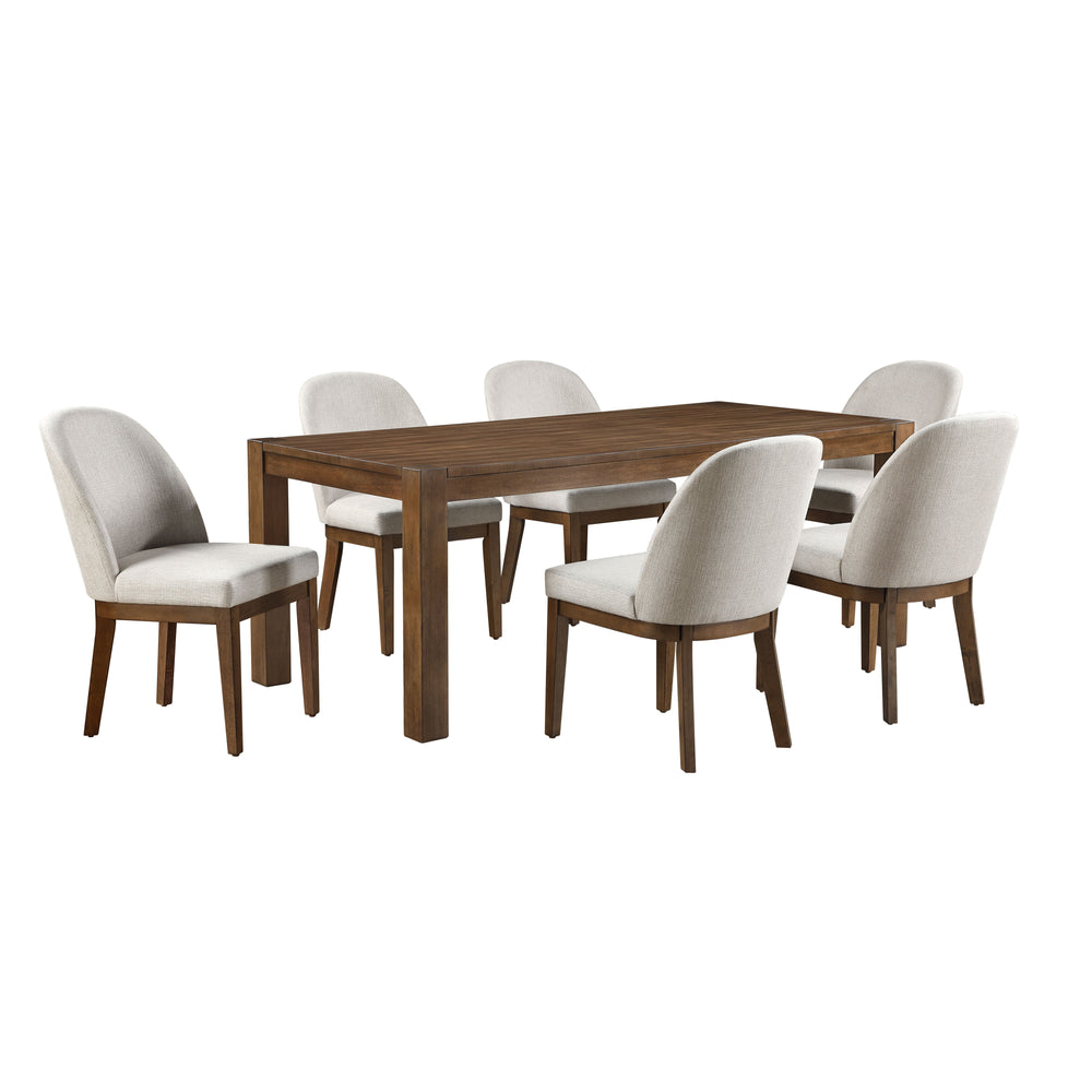 Indulge in the timeless elegance of the Phoenix 7 Piece Dining Set, featuring a 78" dining table and 6 side chairs in a rich chestnut brown finish. Crafted from durable rubberwood solids and birch veneers, this set ensures longevity without compromising s